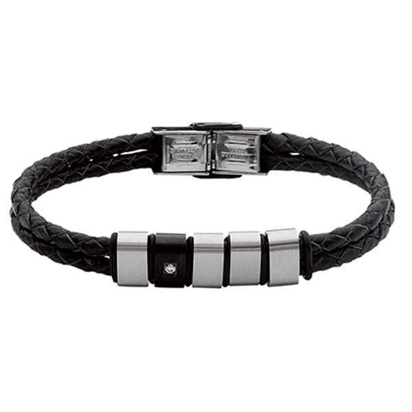 Bracciale a filo doppio di cuoio nero, acciaio e Pvd con zircone Default Title
