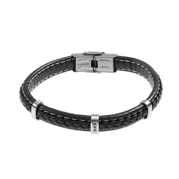 Bracciale in cuoio nero intrecciato e zirconi Default Title