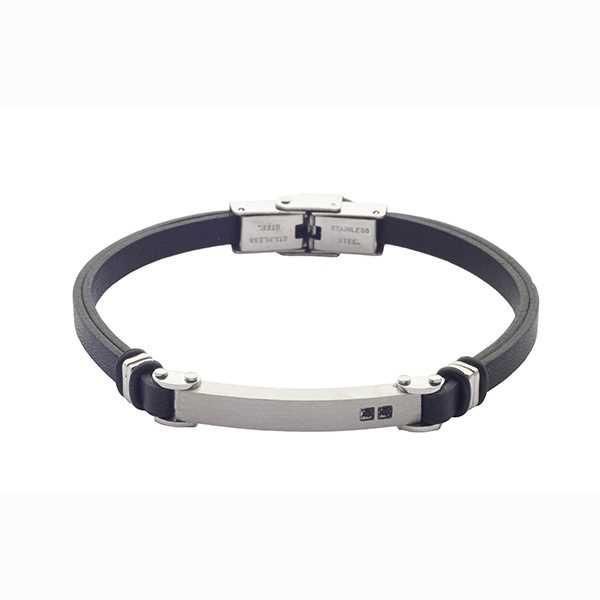 Bracciale in cuoio nero, acciaio e zirconi Default Title