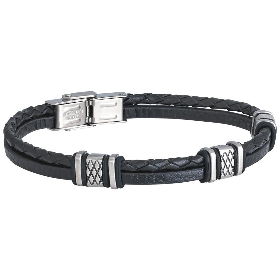 Bracciale in pelle nera con inserti in acciaio Default Title