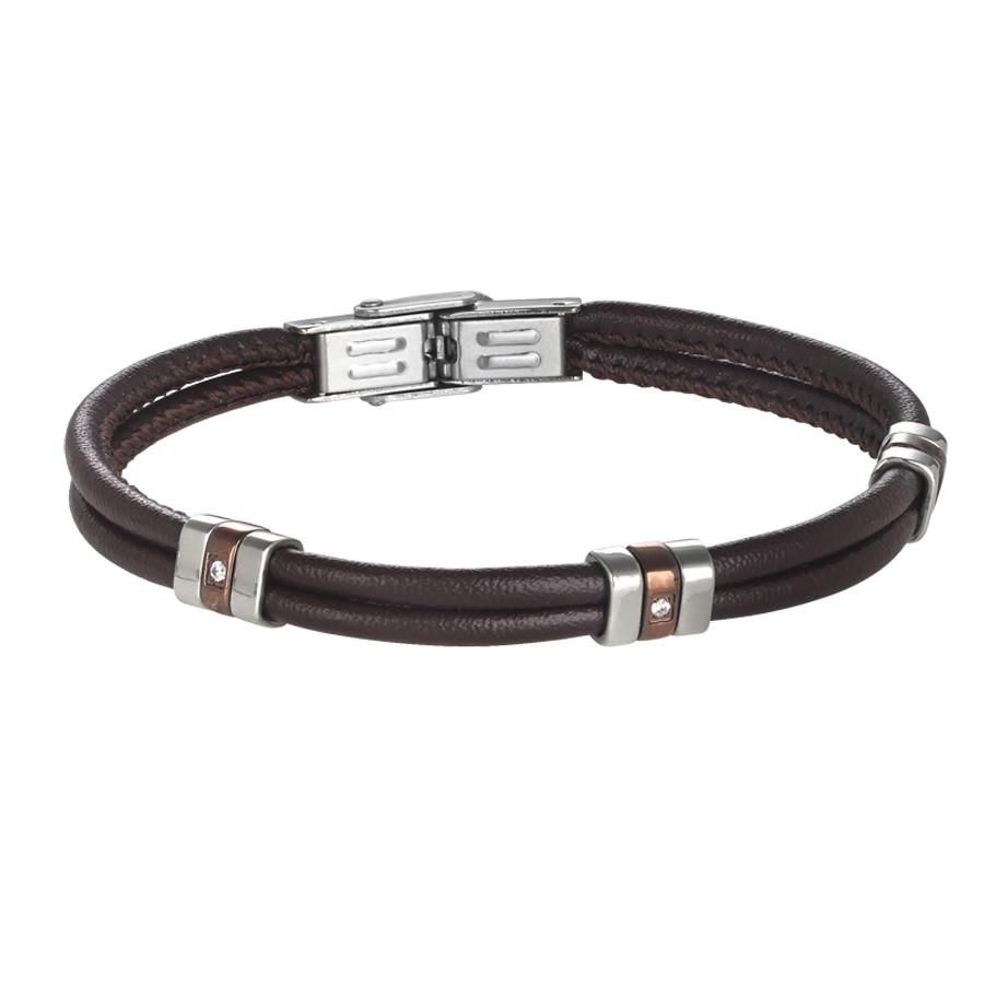 Bracciale doppio filo in cuoio marrone con Pvd marrone e zirconi Default Title