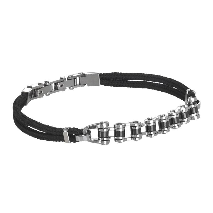 Bracciale doppio filo in cuoio nero, con centrale a catena in acciaio e Pvd nero Default Title