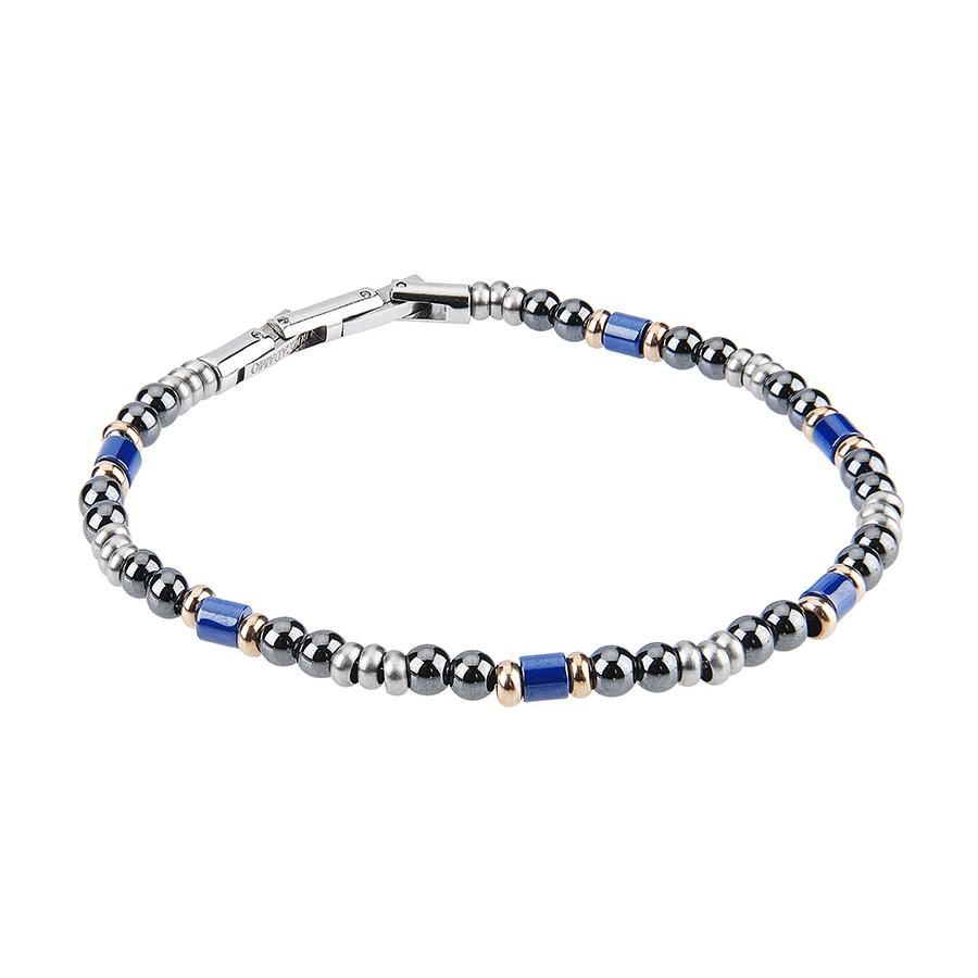 Bracciale in acciaio con sfere di ossidiana ed inserti in ceramica blu Default Title