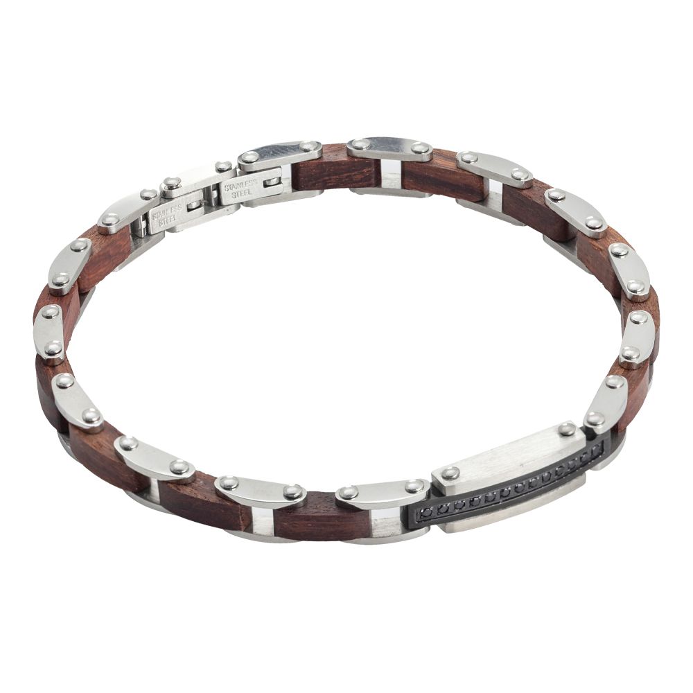 Bracciale in acciaio con maglie in legno marrone e spinelli neri Default Title