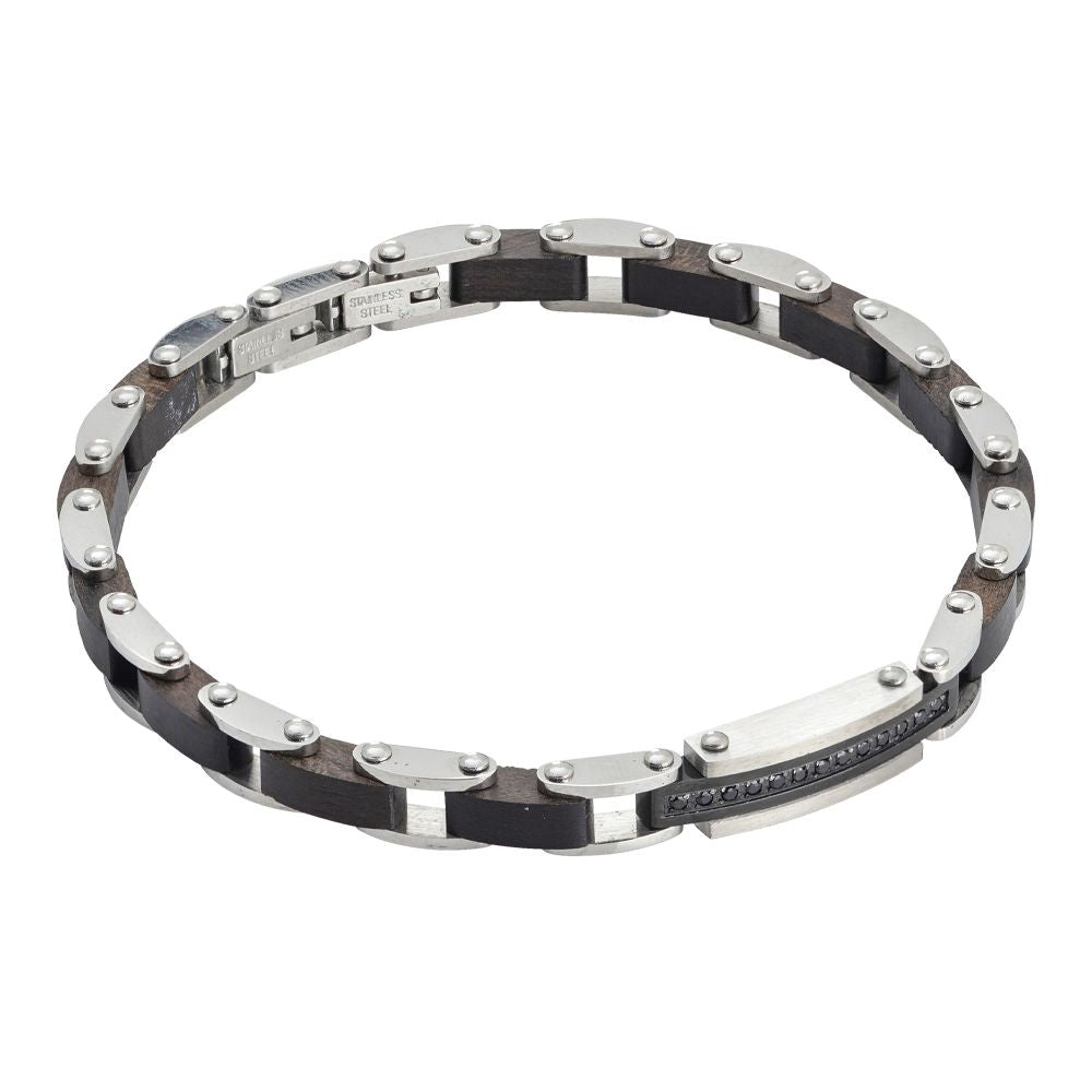 Bracciale in acciaio con maglie in legno nero e spinelli neri Default Title