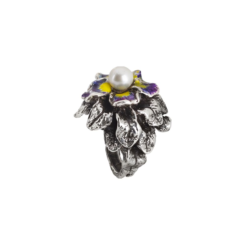 Anello in argento brunito con ninfee dipinte e perla naturale  centrale Default Title