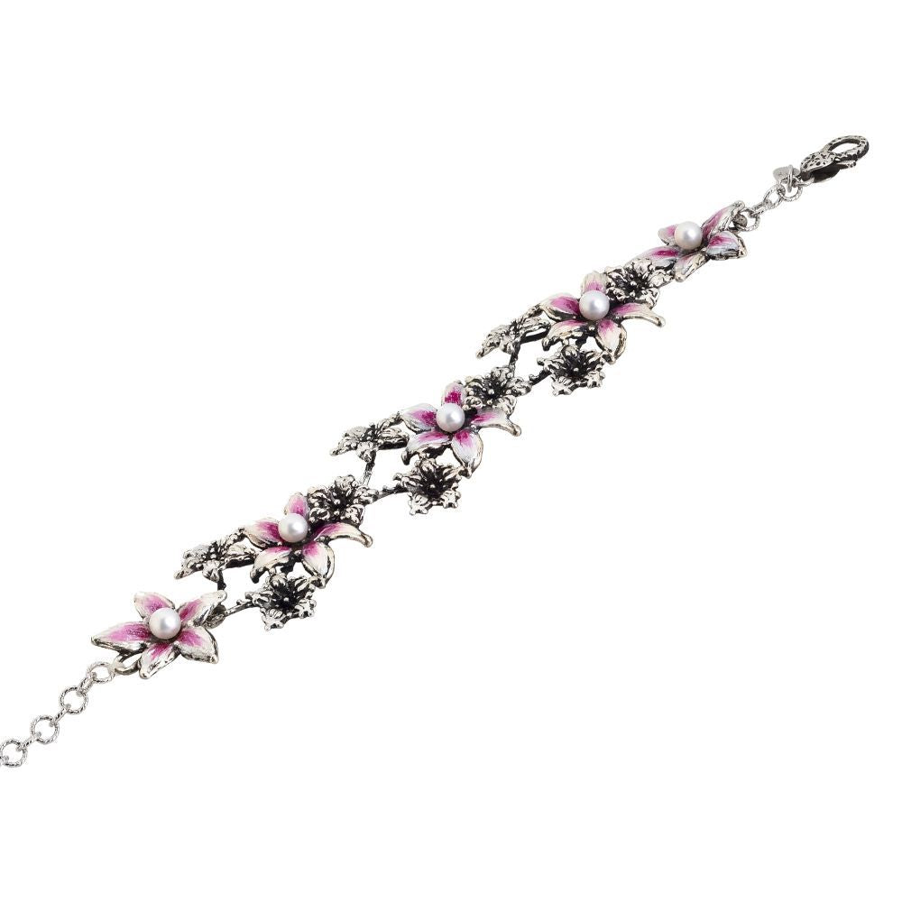 Bracciale in argento brunito con lilium dipinti e perle naturali Default Title