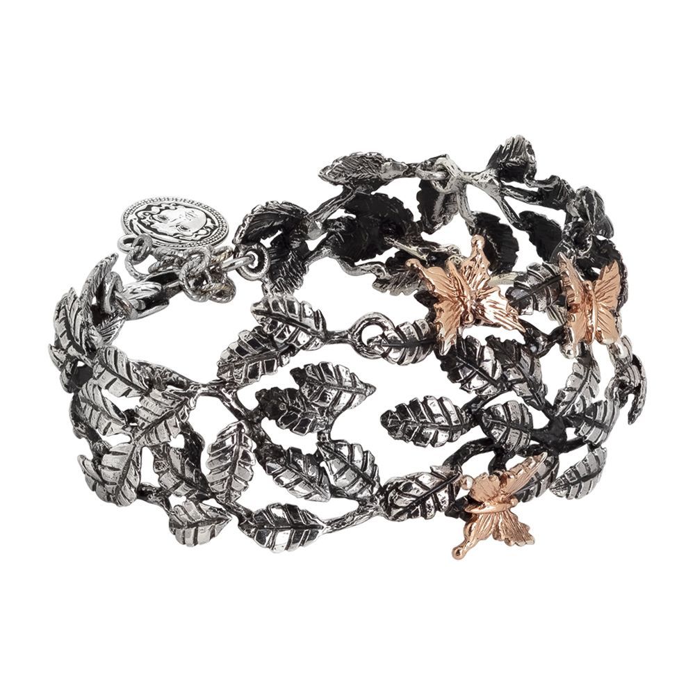 Bracciale semirigido in argento brunito con decoro di foglie di ulivo e farfalle rosate Default Title