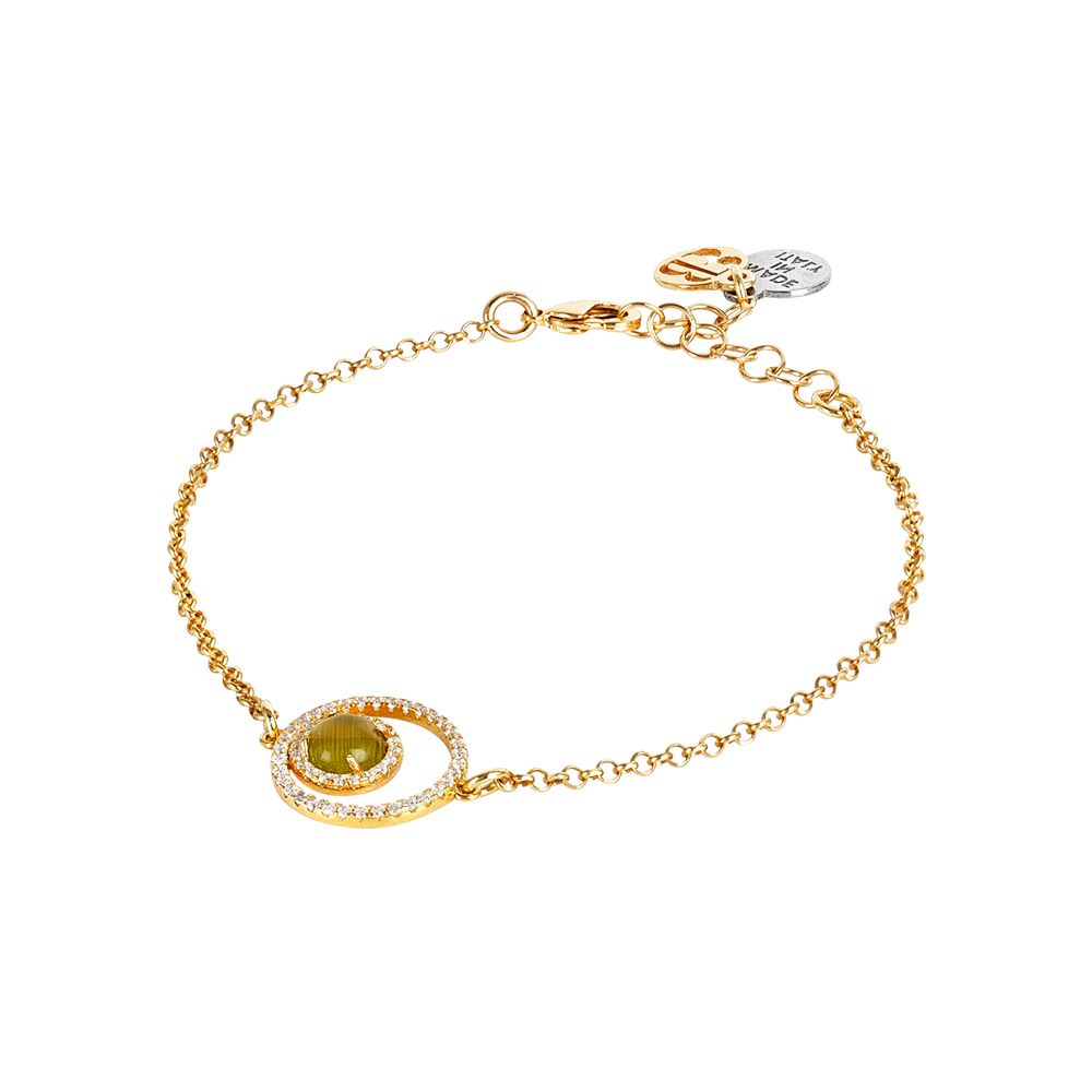 Bracciale con doppia base di zirconi e cabochon verde olivina gatteggiante Default Title