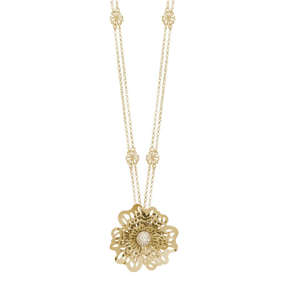 Collana doppio filo dorata con rosa selvatica tridimensionale pendente e zirconi Default Title