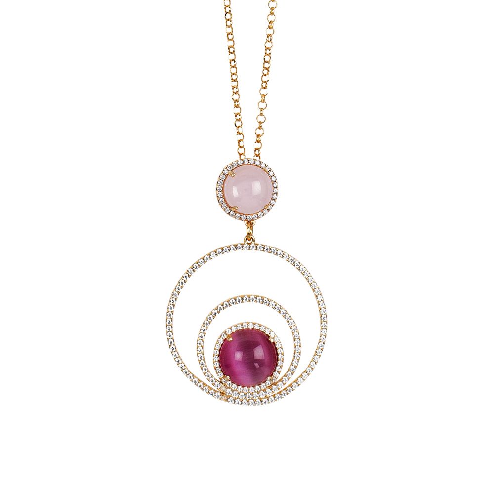 Collana con cerchi concentrici di zirconi e cabochon rosa chiaro e fucsia gatteggiante Default Title