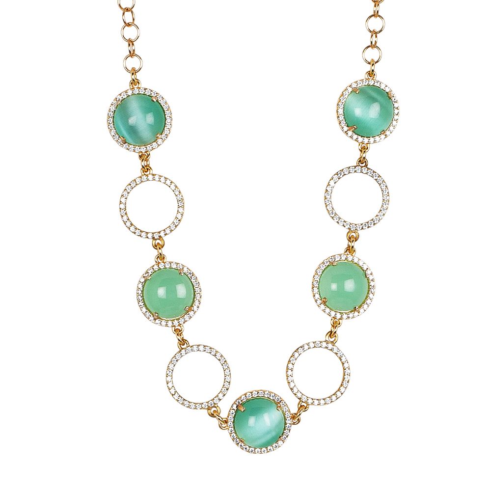 Collana con zirconi, cabochon verde chiaro gatteggiante e verde opaco gatteggiante Default Title