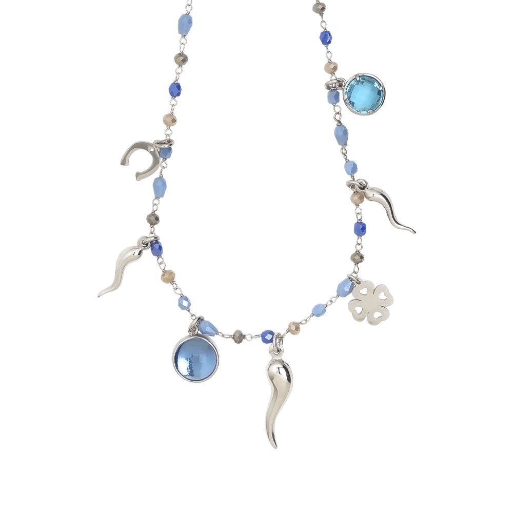 Collana rosario con cristalli multicolor sfumature del blu e charms tema "fortuna" Default Title