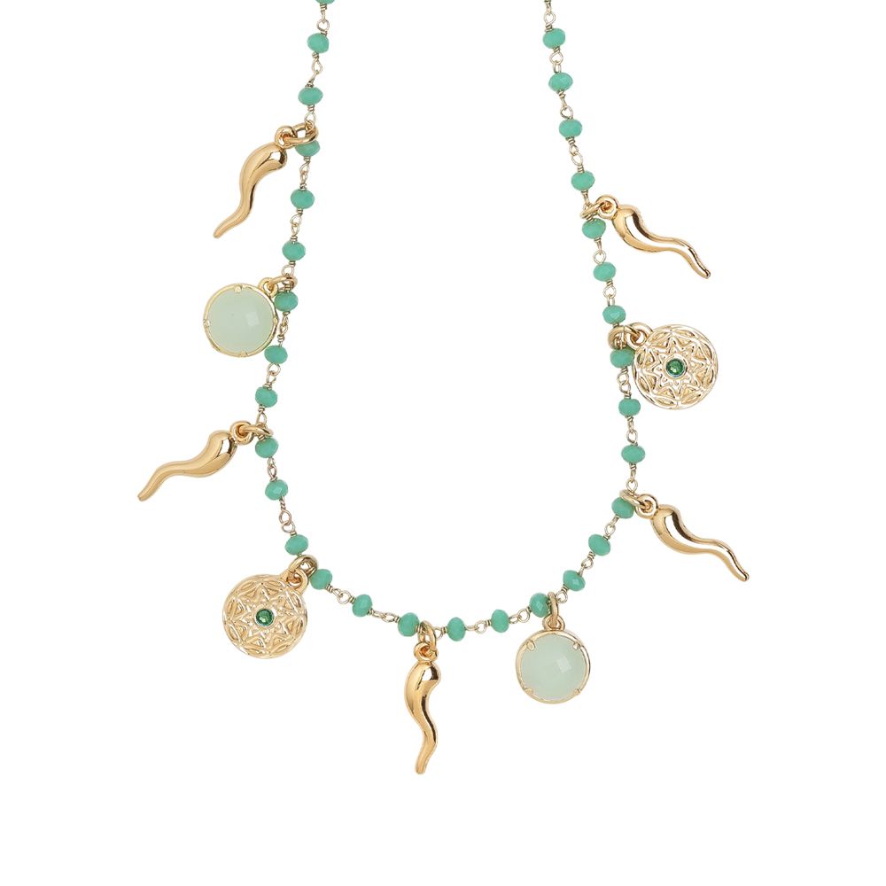 Collana rosario con cristalli verde acqua e charms tema "buona sorte" Default Title