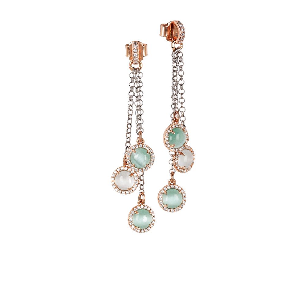 Orecchini a ciuffetto con zirconi e cabochon celeste chiaro e verde acqua gatteggiante Default Title