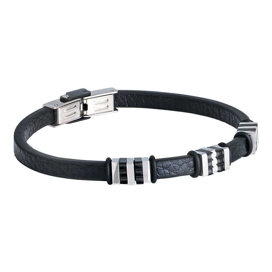 Bracciale in pelle nera con inserti in acciaio bianco Default Title