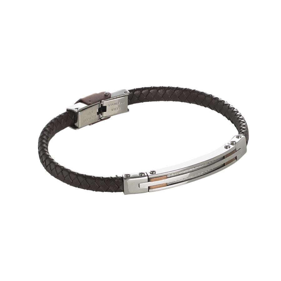 Bracciale in cuoio marrone intrecciato con inserti in acciaio e decori rosati Default Title