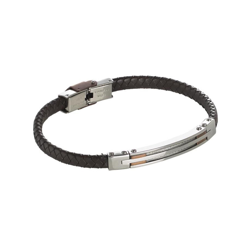 Bracciale in cuoio marrone intrecciato con inserti in acciaio e decori rosati Default Title