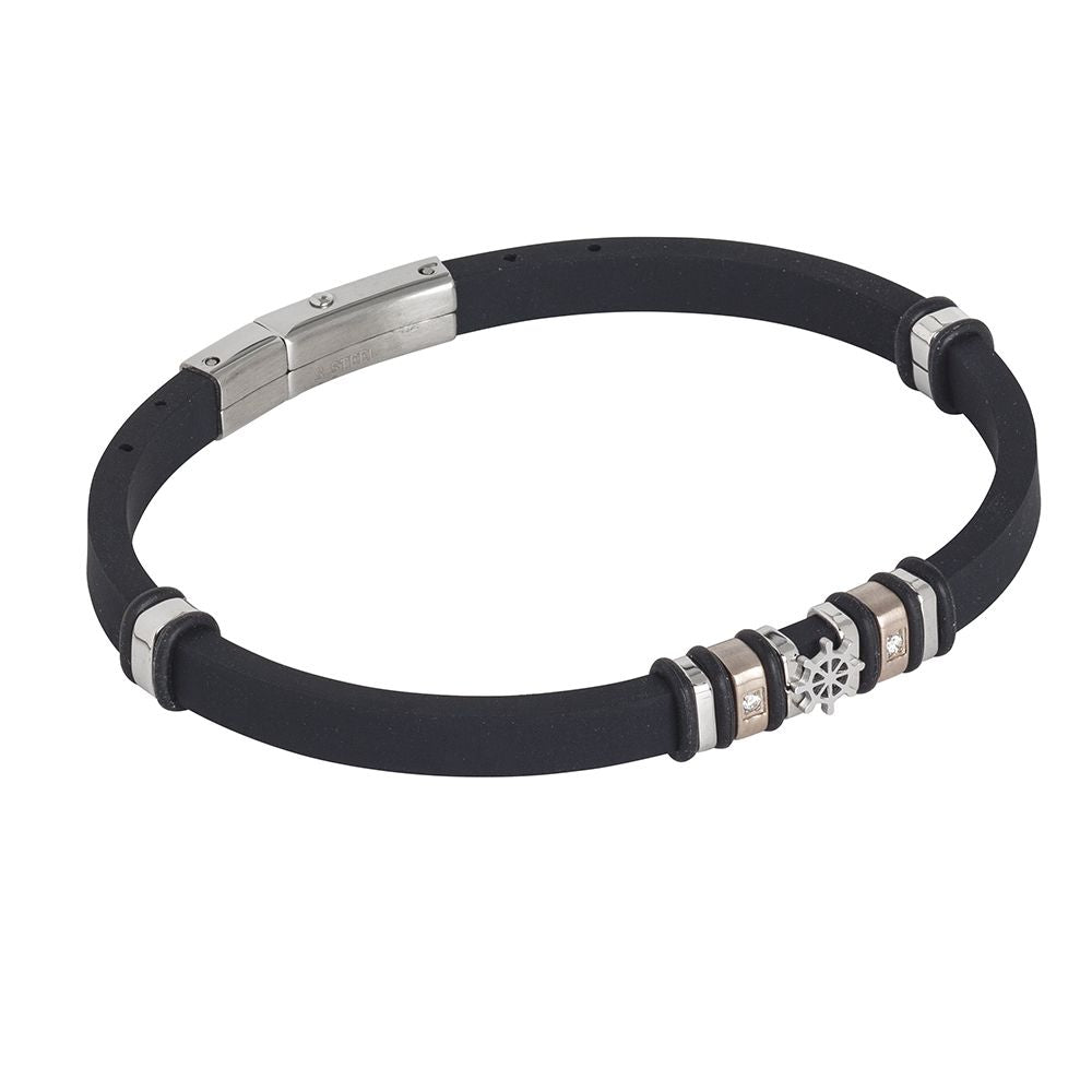 Bracciale in caucciù nero con zirconi su pasanti rosati e timone Default Title
