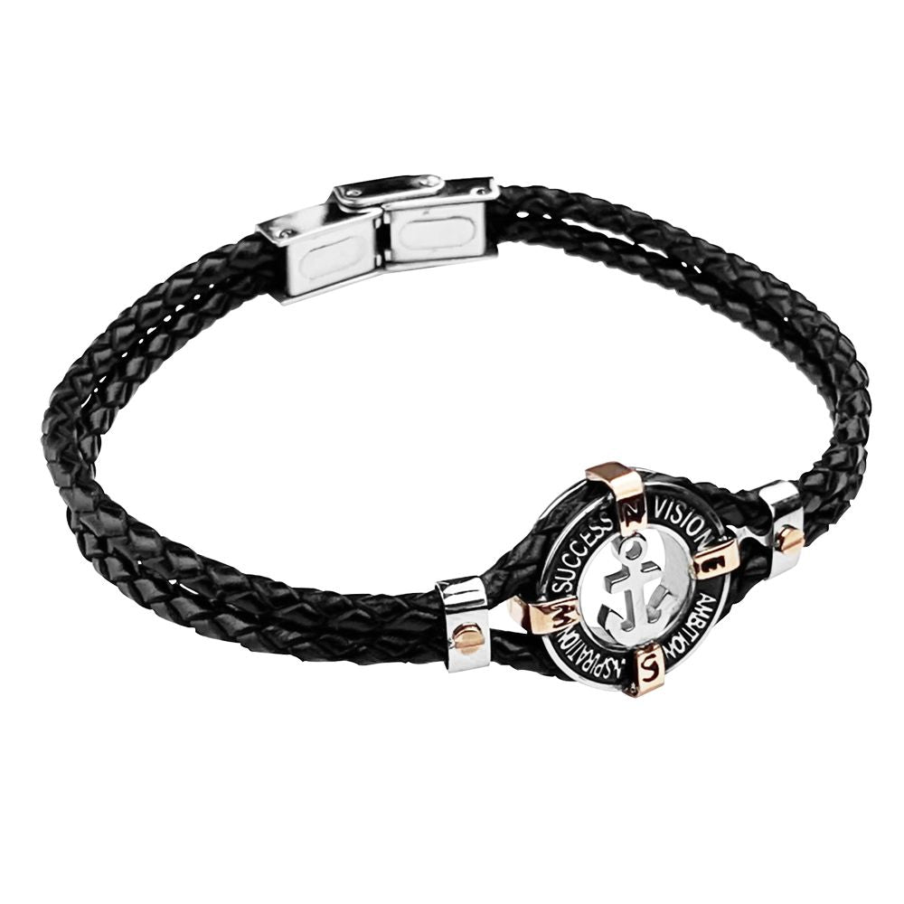 Bracciale doppio filo in pelle nera e ancora centrale Default Title