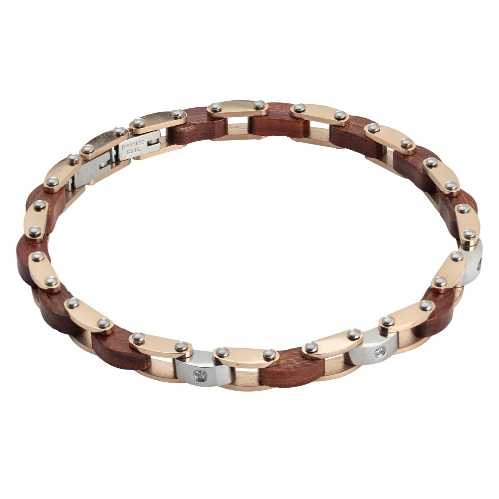 Bracciale a maglie in acciaio bicolor, legno e zirconi Default Title