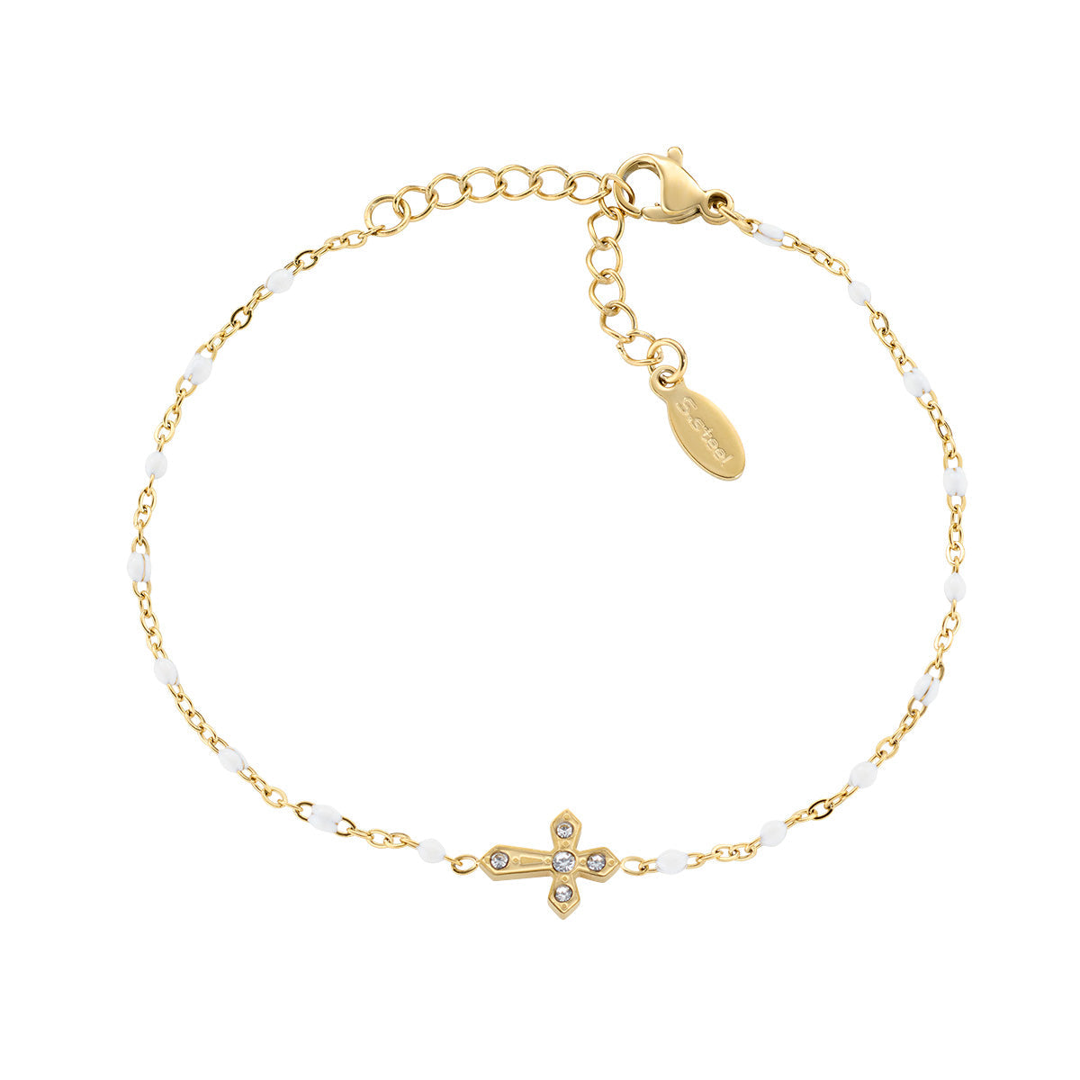 Bracciale in Acciaio con smalto bianco e zirconi bianchi - Oro - Lungh. 17 + 3,5 cm
