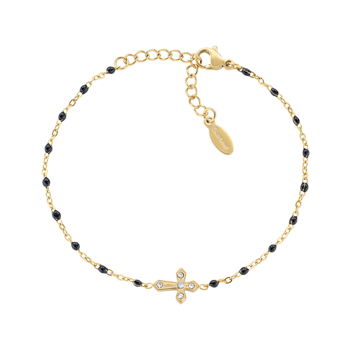 Bracciale in Acciaio con smalto nero e zirconi bianchi - Oro - Lungh. 17 + 3,5 cm