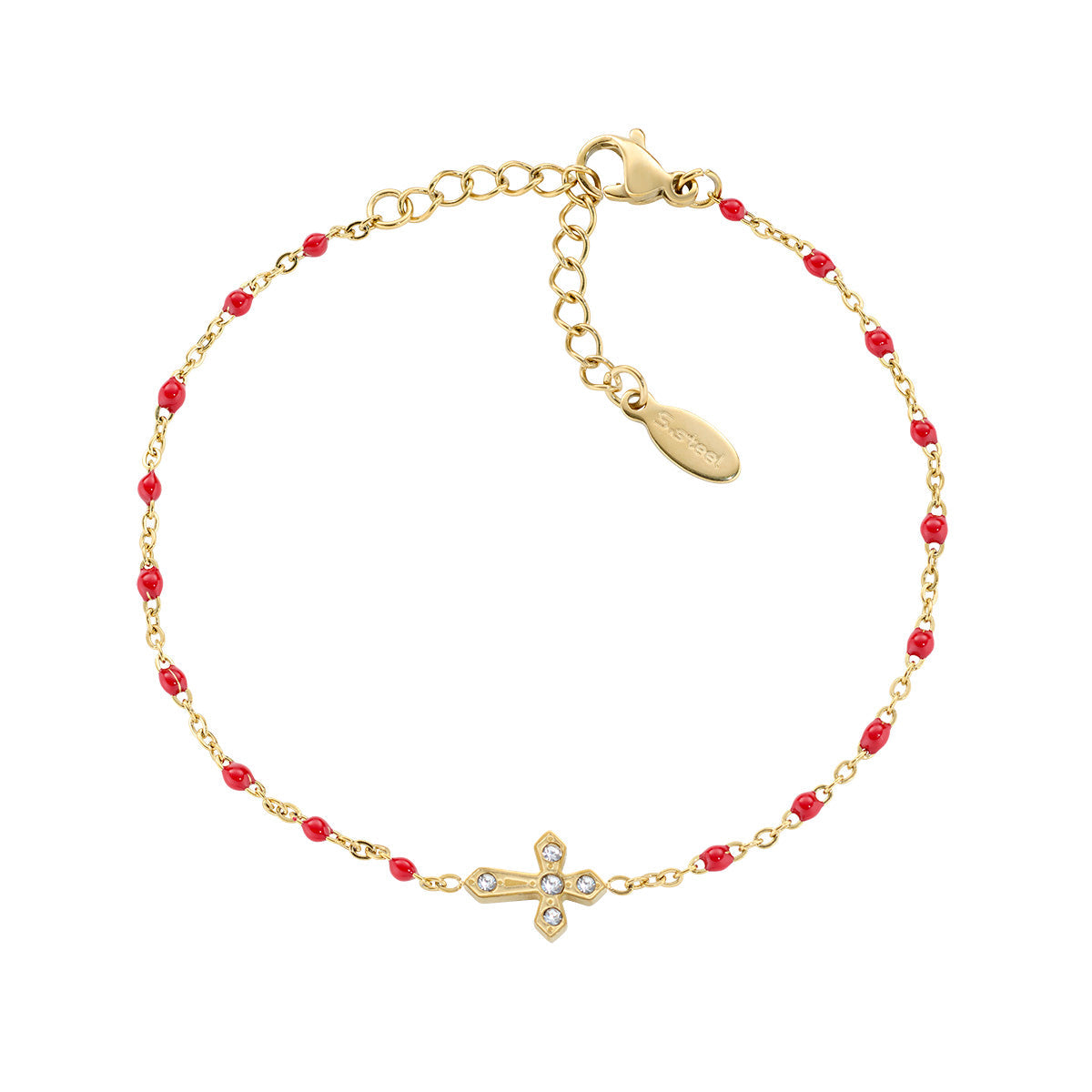 Bracciale in Acciaio con smalto rosso e zirconi bianchi - Oro - Lungh. 17 + 3,5 cm