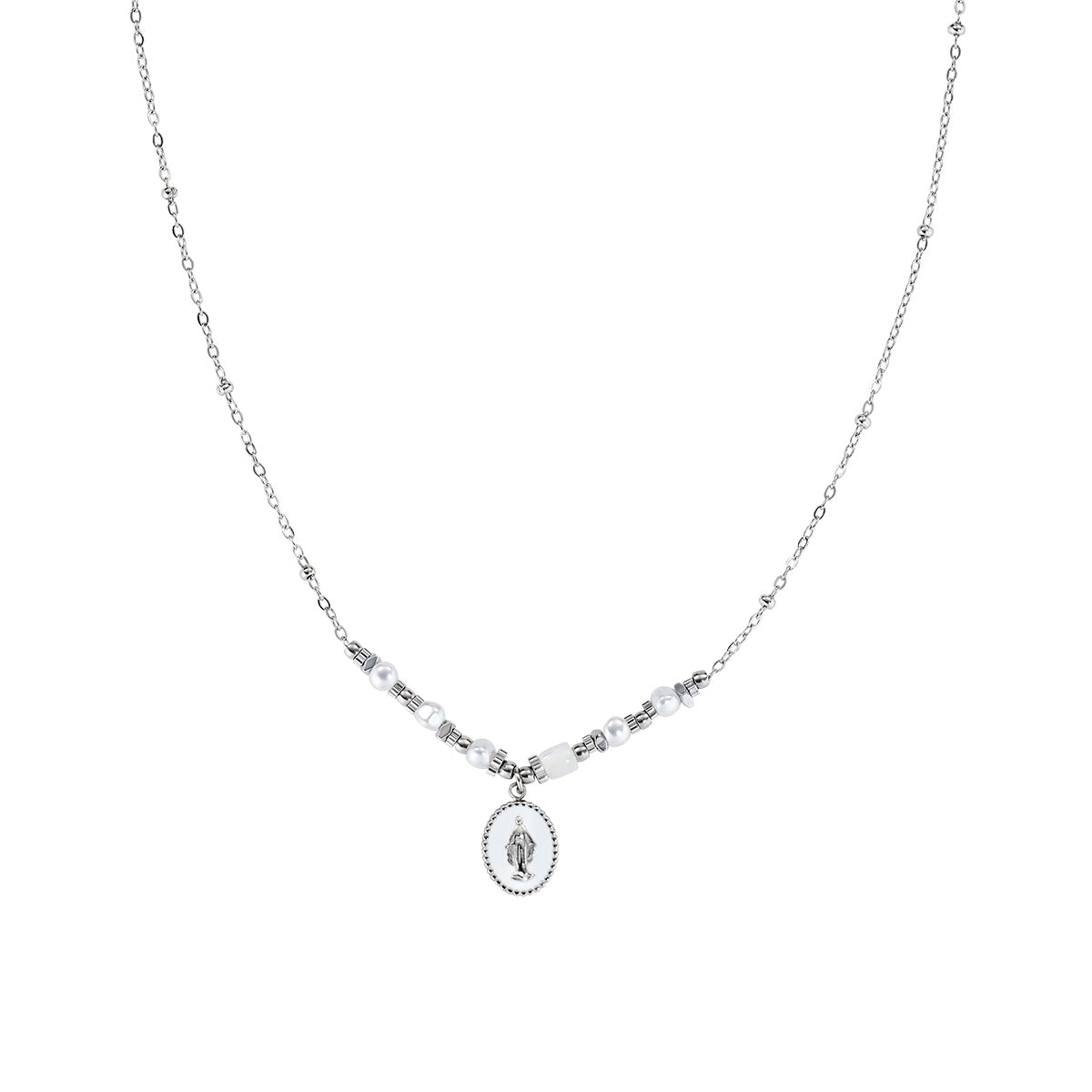 Collana in Acciaio con agata e smalto bianco - Acciaio - Lungh.  40 + 5 cm