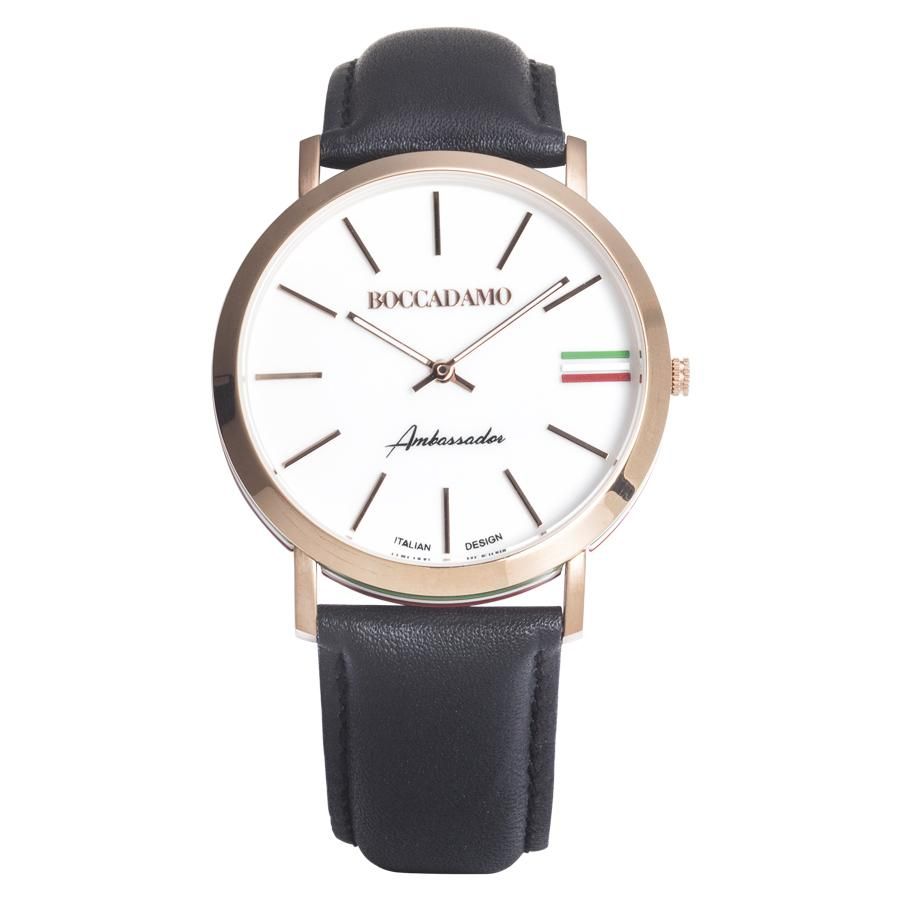 Orologio con cinturino in pelle, quadrante bianco, ghiera rosata e tricolore Default Title