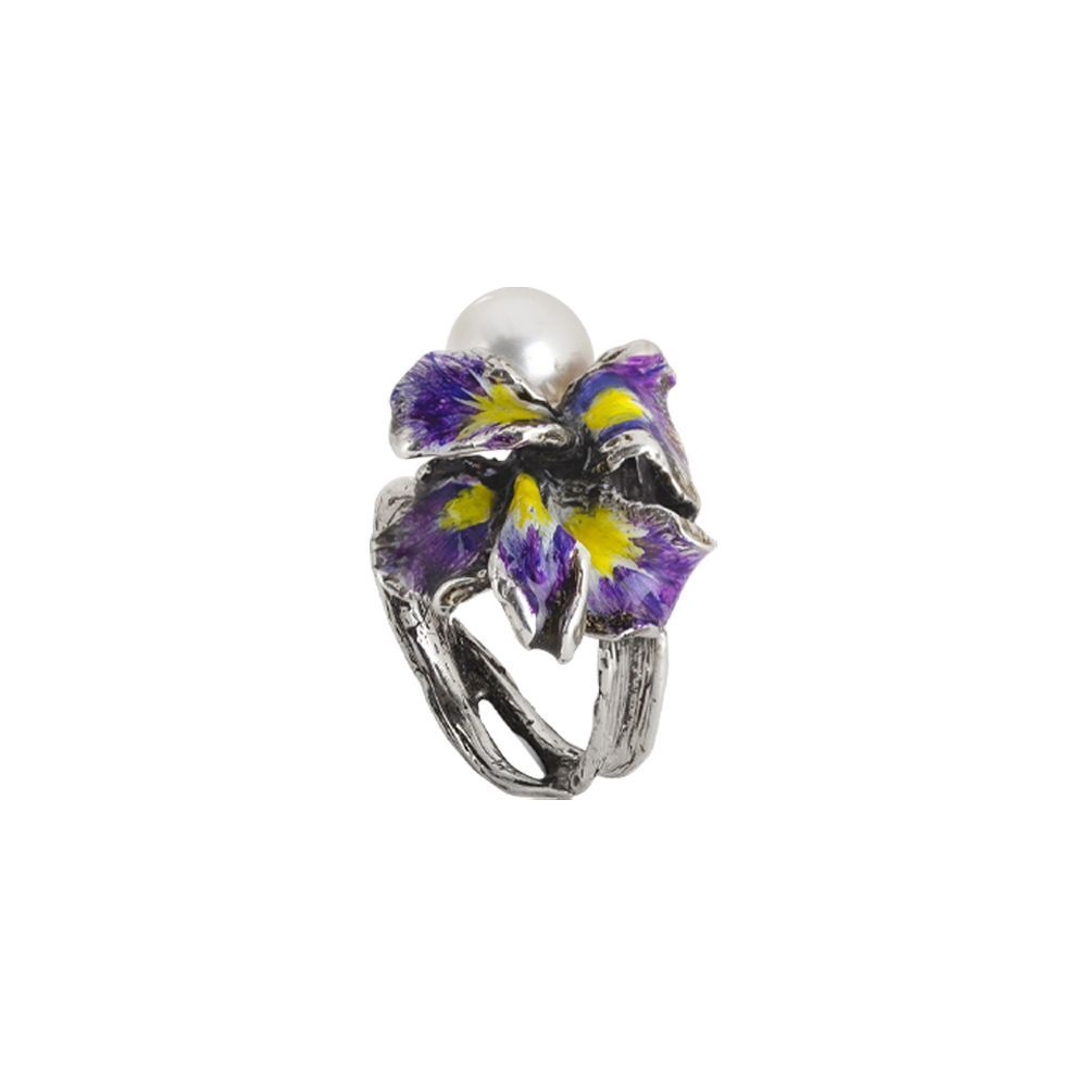 Anello in argento brunito con ninfea dipinta e perla naturale  laterale Default Title