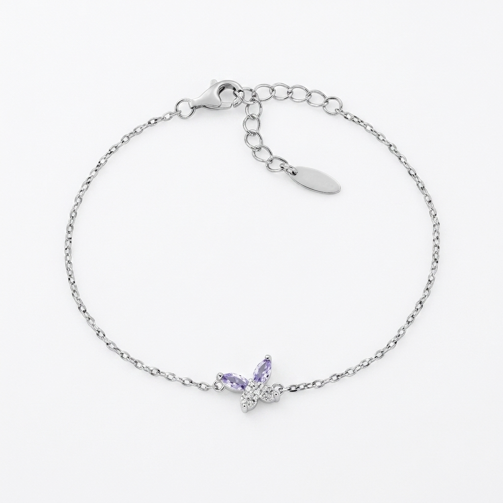 Bracciale in Argento 925 con zirconi lavanda e bianchi - Rodio - Lungh. 16 + 3 cm