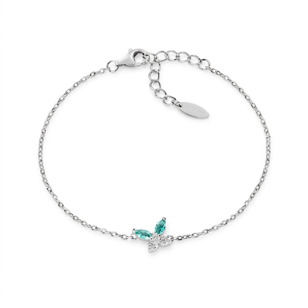 Bracciale in Argento 925 con zirconi verde acqua e bianchi - Rodio - Lungh. 16 + 3 cm