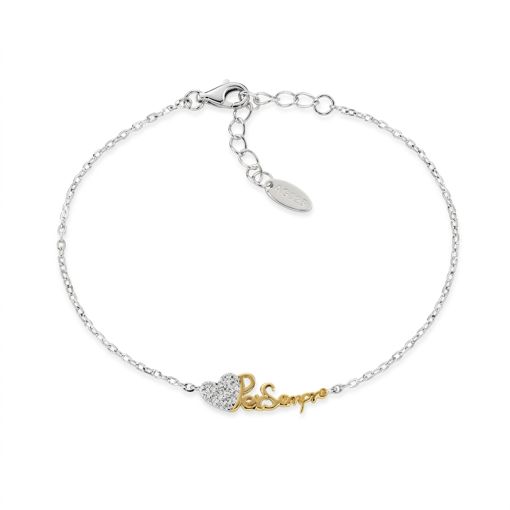 Bracciale in Argento 925 con zirconi bianchi - Rodio/Oro - Lungh. 16 + 3 cm