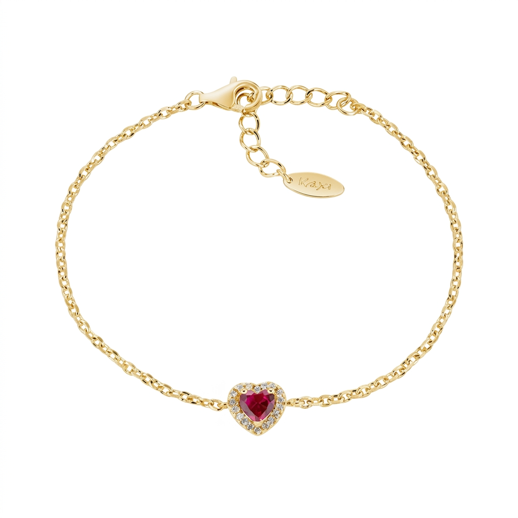 Bracciale in Argento 925 con zircone rosso e zirconi bianchi - Oro - Lungh. 16 + 3 cm
