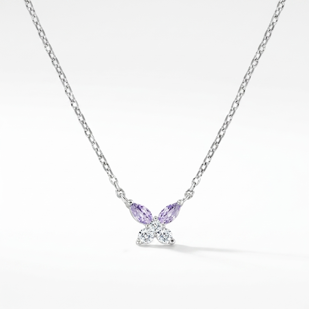 Collana in Argento 925 con zirconi lavanda e bianchi - Rodio - Lungh. 40 + 5 cm