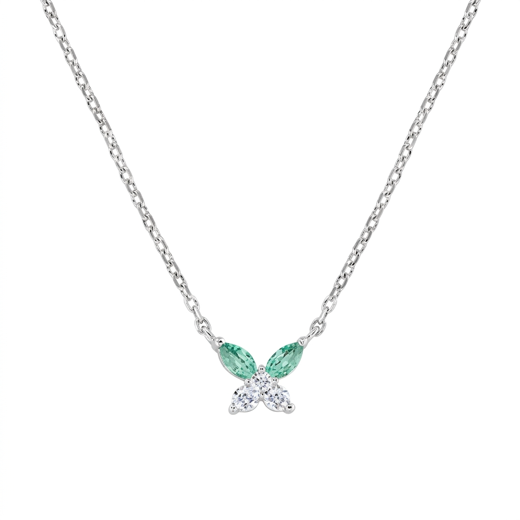Collana in Argento 925 con zirconi verde acqua e bianchi - Rodio - Lungh. 40 + 5 cm
