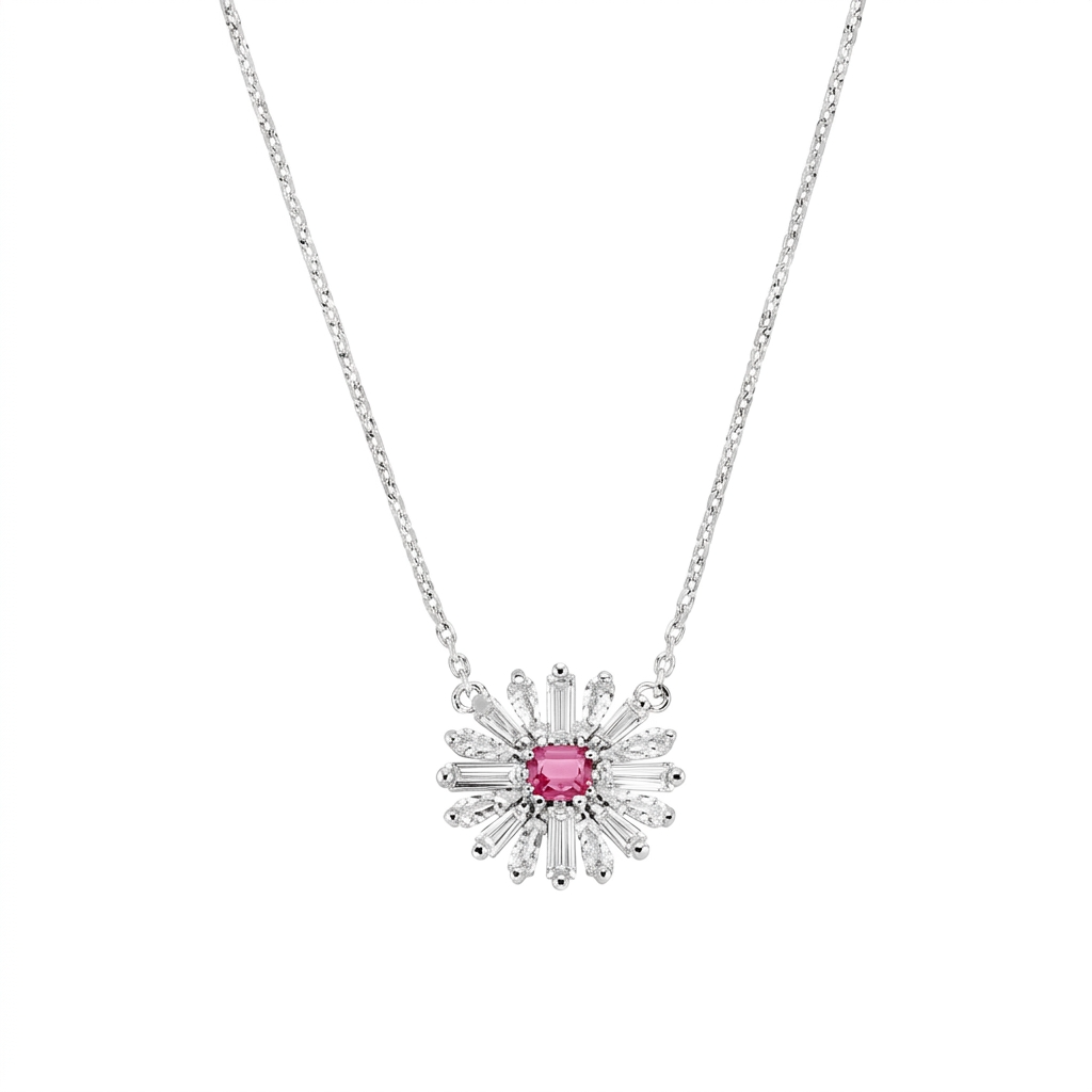 Collana in Argento 925 con zircone rosso ciliegia e zirconi bianchi - Rodio - Lungh. 40 + 5 cm