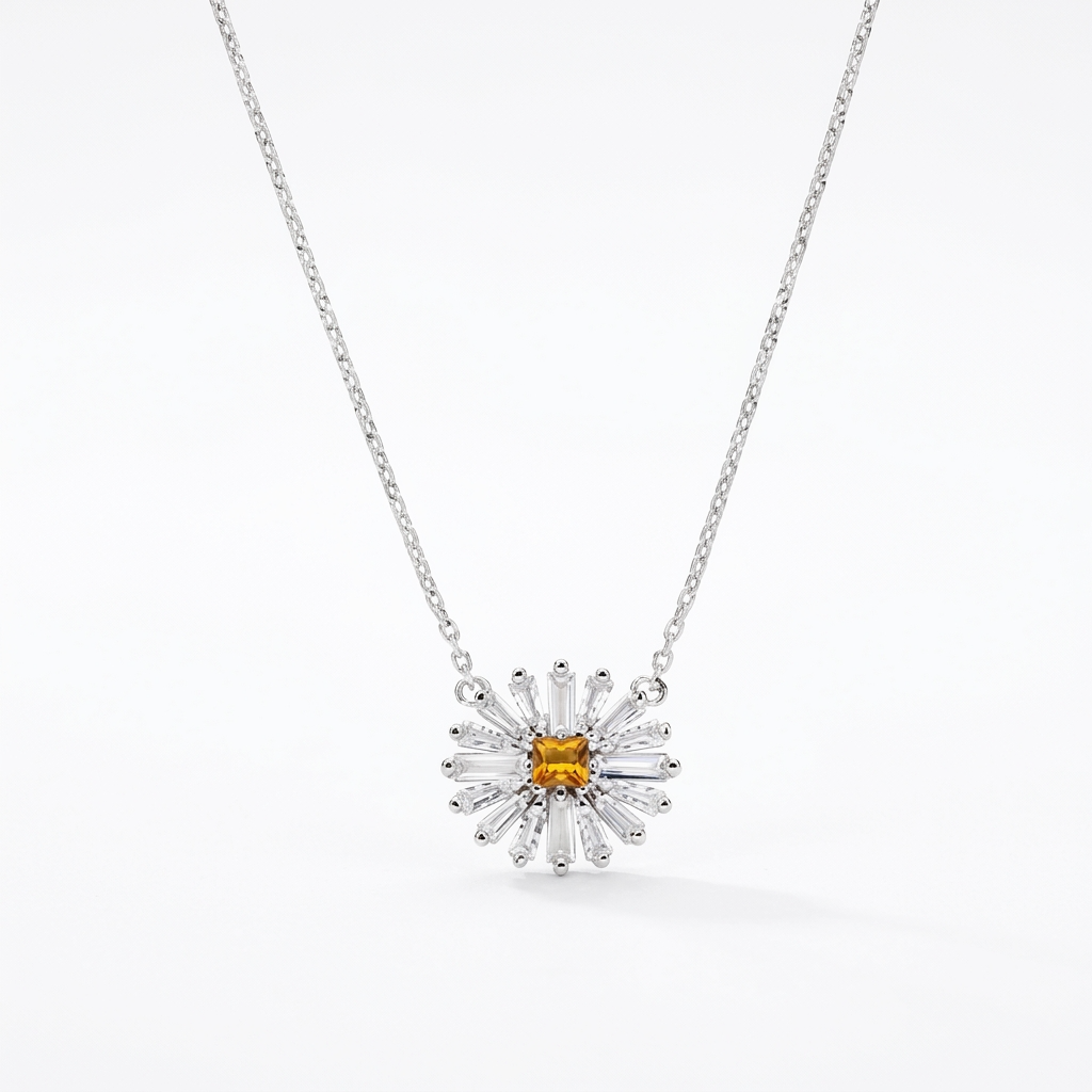 Collana in Argento 925 con zircone giallo e zirconi bianchi - Rodio - Lungh. 40 + 5 cm
