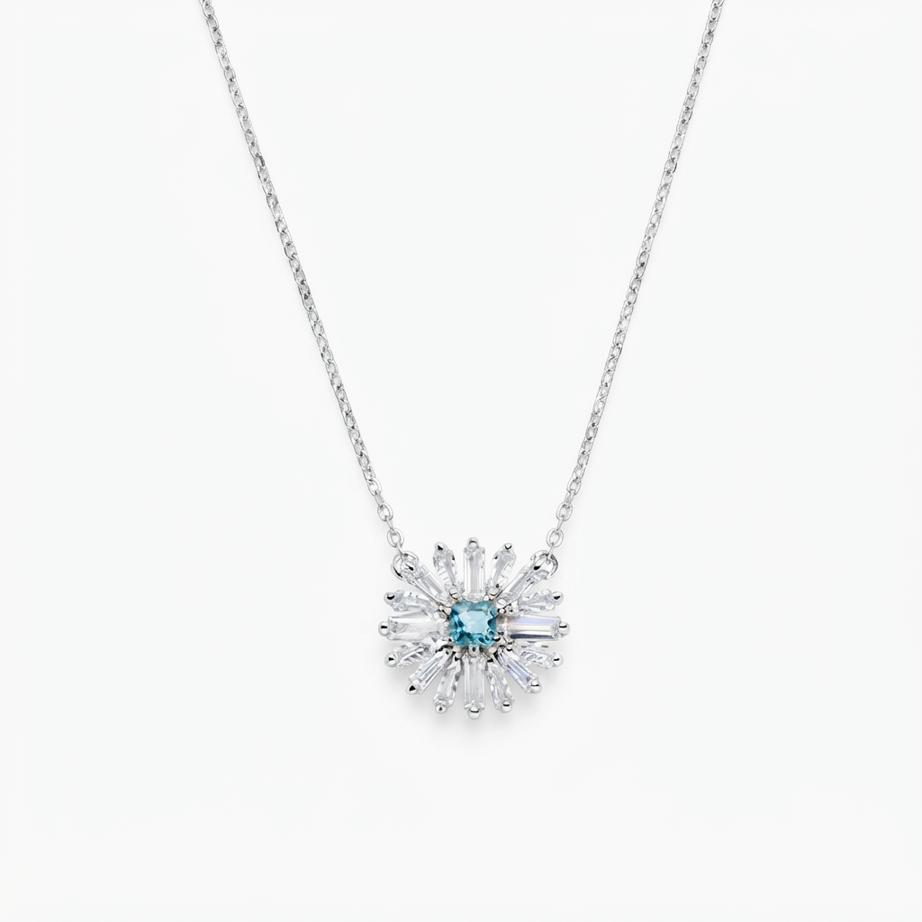 Collana in Argento 925 con zircone london blue e zirconi bianchi - Rodio - Lungh. 40 + 5 cm