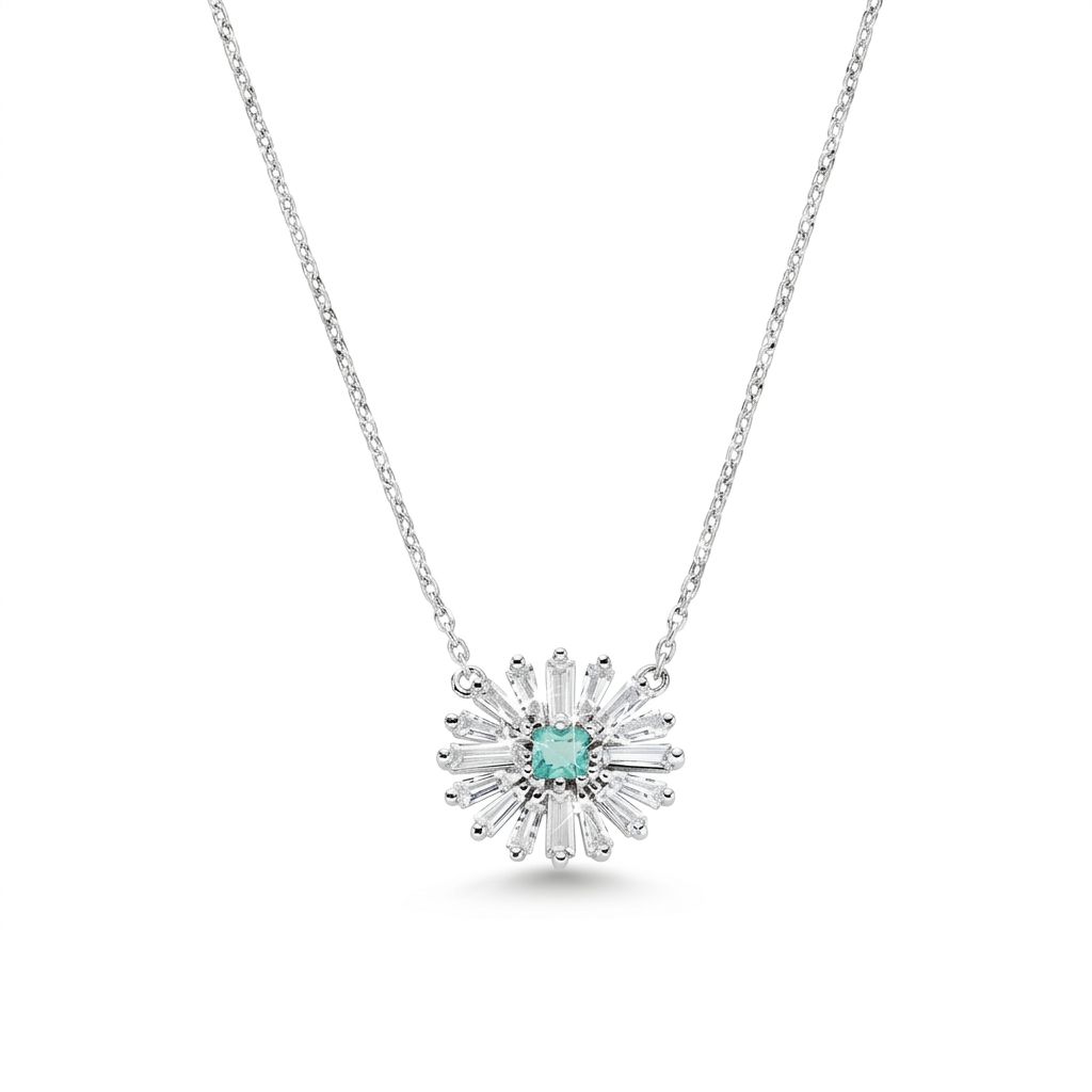 Collana in Argento 925 con zircone verde acqua e zirconi bianchi - Rodio - Lungh. 40 + 5 cm