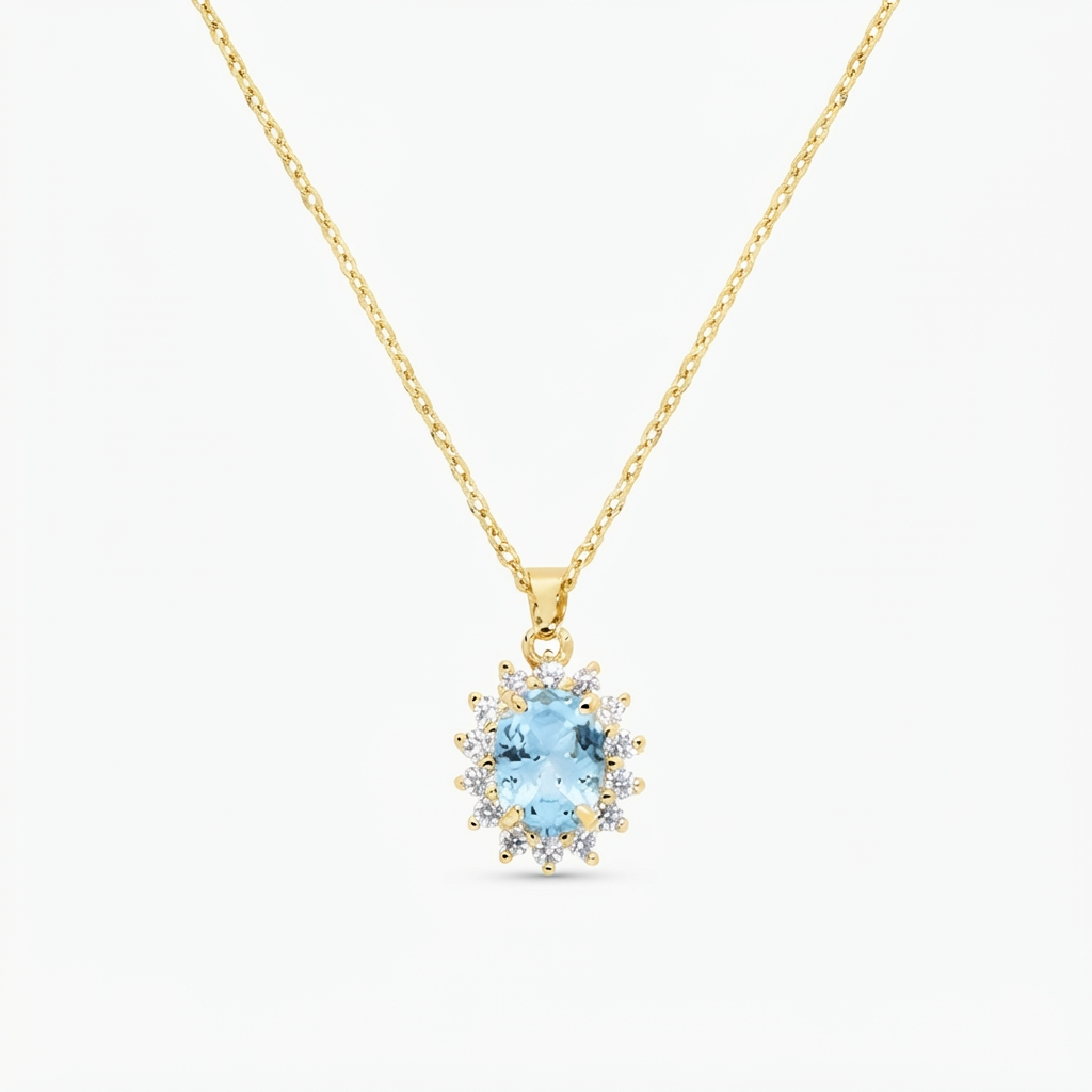 Collana in Argento 925 con zircone acquamarina e zirconi bianchi - Oro - Lungh. 40 + 5 cm