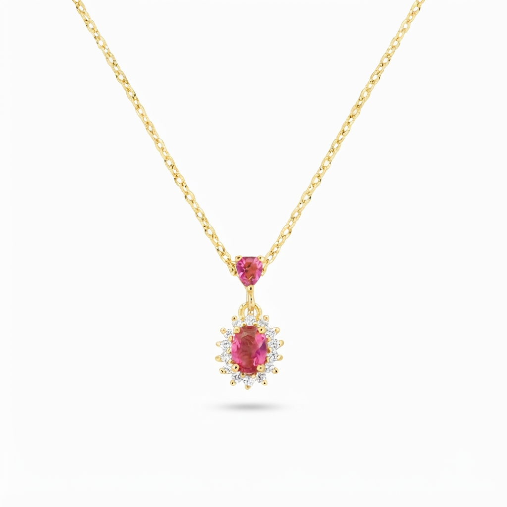 Collana in Argento 925 con zirconi rosso ciliegia e bianchi - Oro - Lungh. 40 + 5 cm
