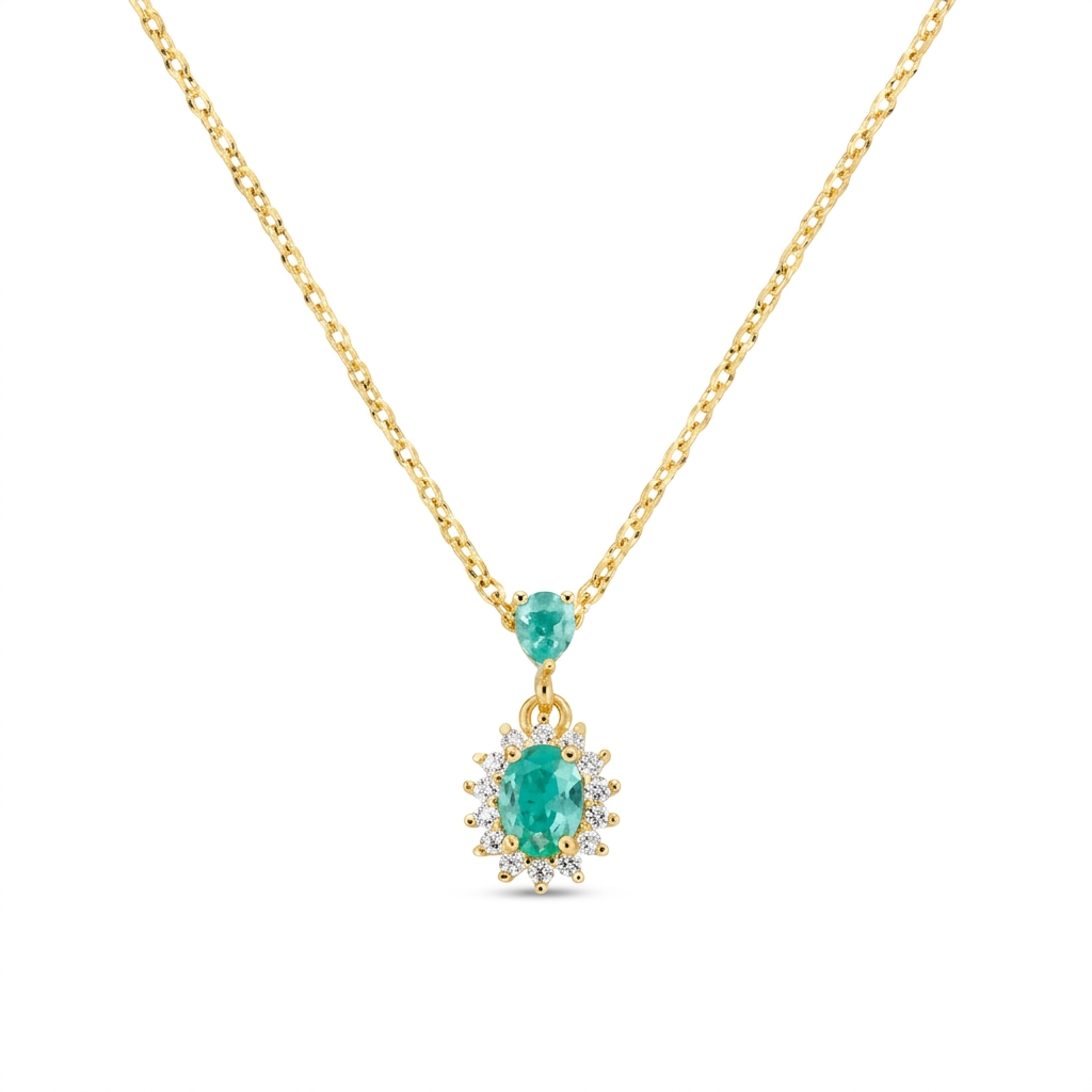 Collana in Argento 925 con zirconi verde acqua e bianchi - Oro - Lungh. 40 + 5 cm