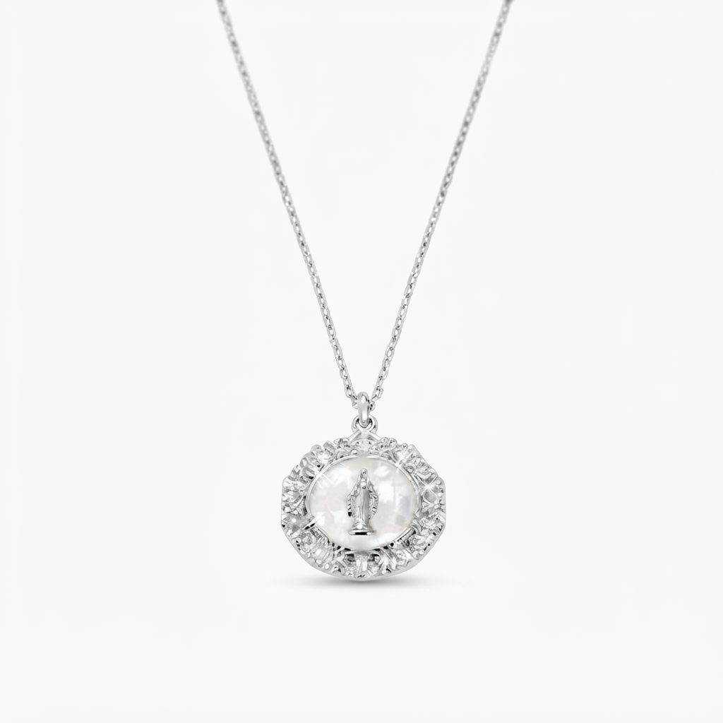 Collana in Argento 925 con smalto, madreperla e zirconi bianchi - Rodio - Lungh. 40 + 5 cm