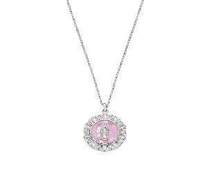 Collana in Argento 925 con smalto, madreperla rosa e zirconi bianchi - Rodio - Lungh. 40 + 5 cm