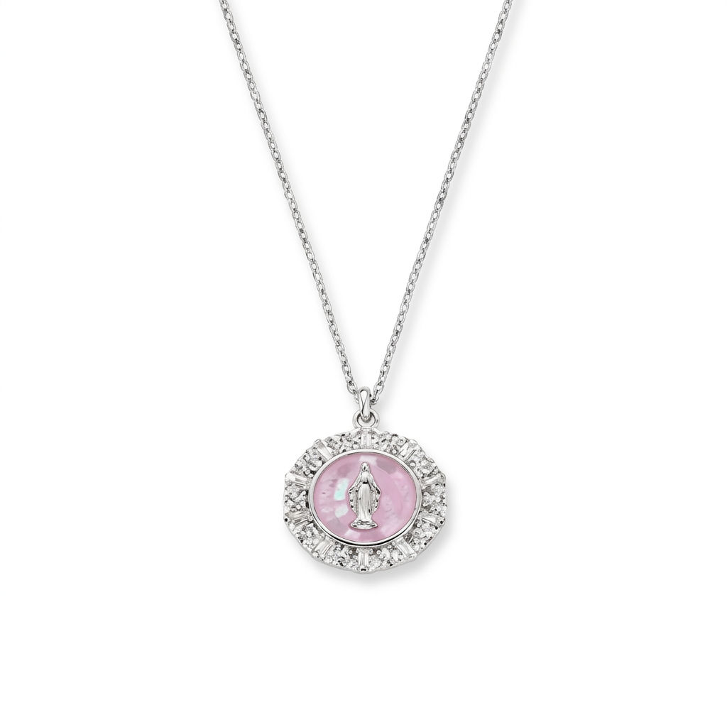 Collana in Argento 925 con smalto, madreperla rosa e zirconi bianchi - Rodio - Lungh. 40 + 5 cm