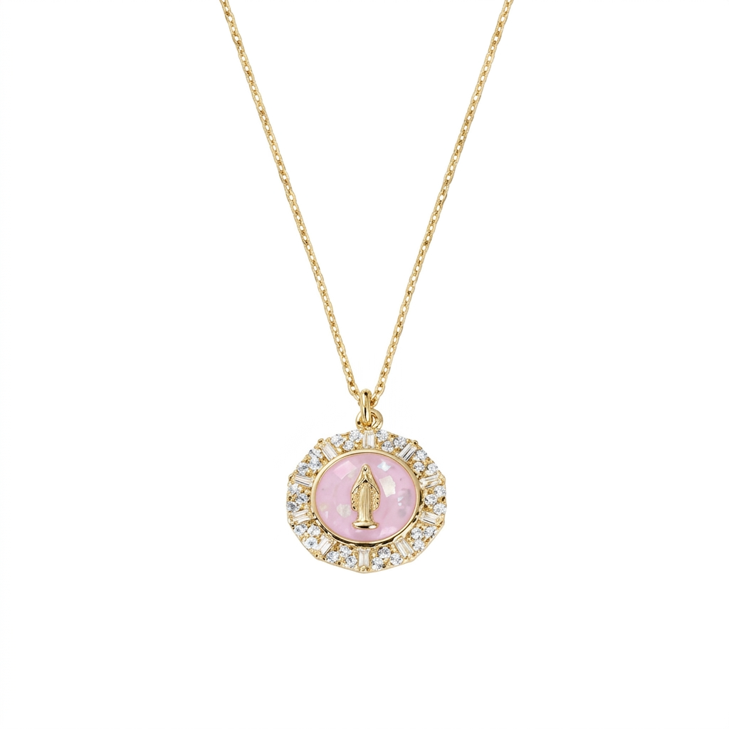 Collana in Argento 925 con smalto, madreperla rosa e zirconi bianchi - Oro - Lungh. 40 + 5 cm