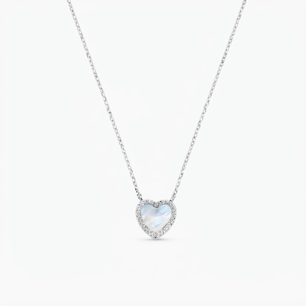 Collana in Argento 925 con madreperla e zirconi bianchi - Rodio - Lungh. 40 + 5 cm