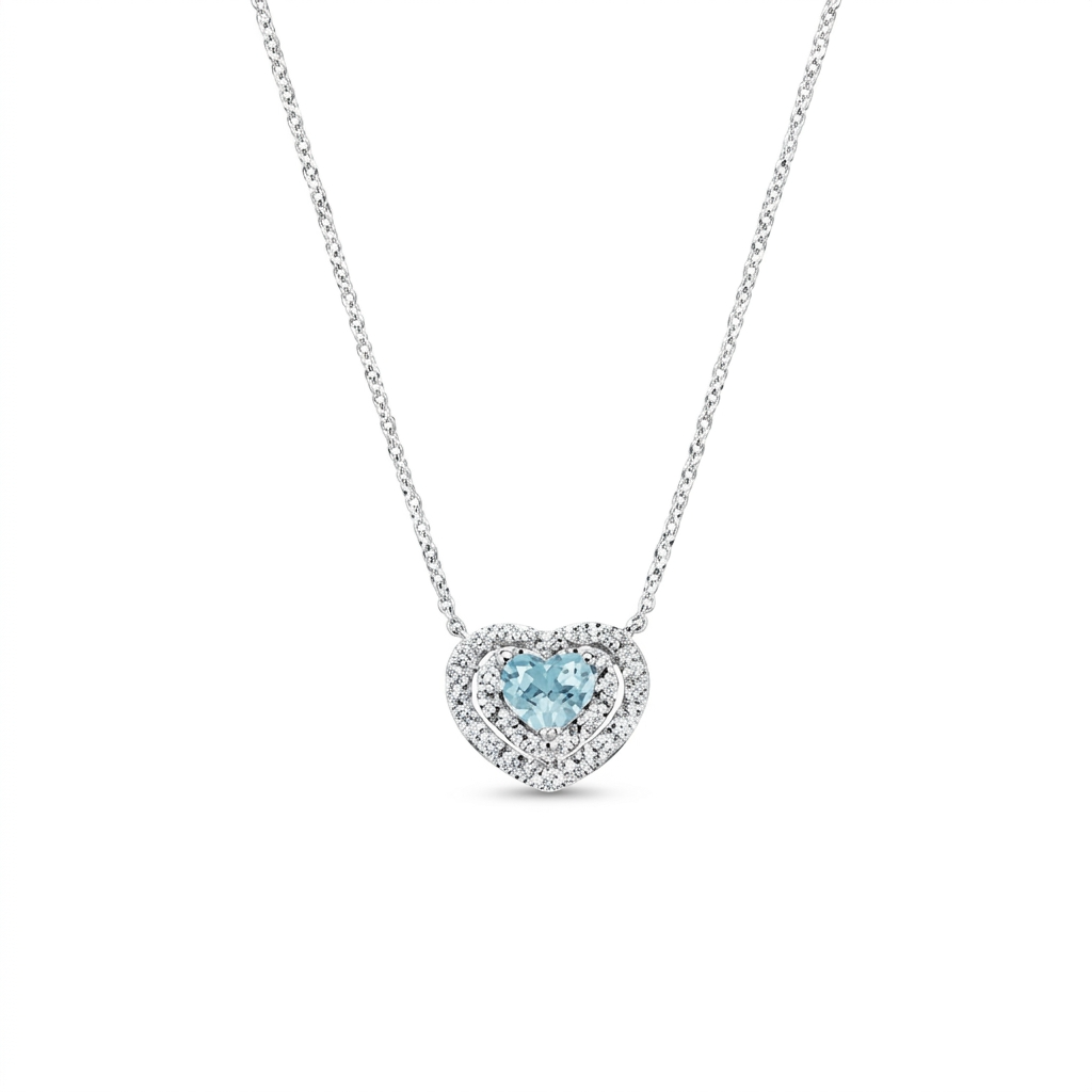 Collana in Argento 925 con zircone acquamarina e zirconi bianchi - Rodio - Lungh. 40 + 5 cm